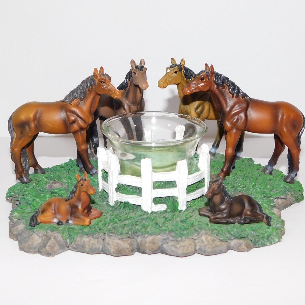 Horses Votive Candle Holder Foals on Grass Ceramic Home Decor Accent Equestrian